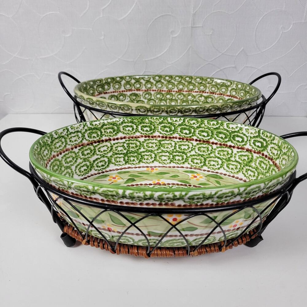 Set of 2 Temp-tations by Tara Casserole Dishes Green Old World Oval Serving Rack